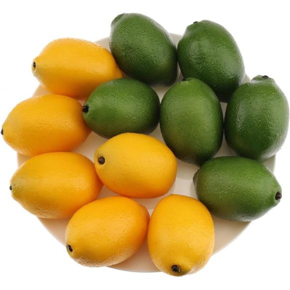 12pcs Yellow &Green Artificial Lifelike Simulation Lemon Fake Fruit Home Kitchen